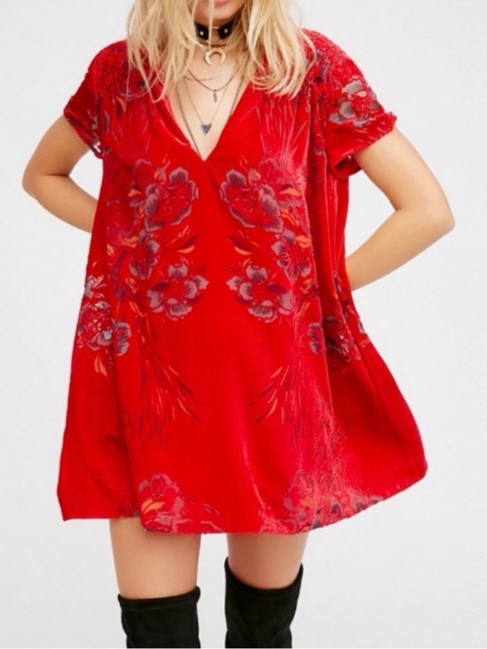 Free People Red Velvet Floral V-Neck Tunic